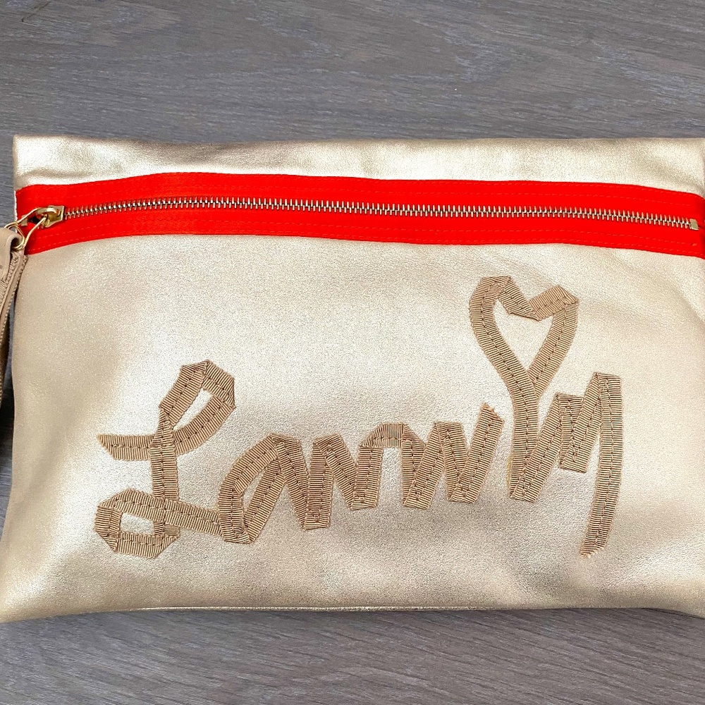 LANVIN GOLD Beige Orange Leather Clutch Wristlet Bag Made in Italy